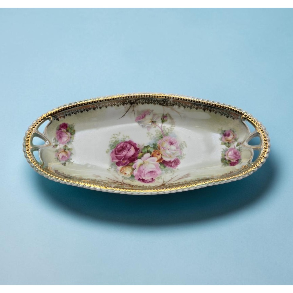 Antique PK Silesia Porcelain Floral Hand Painted Oblong Relish Serving Dish